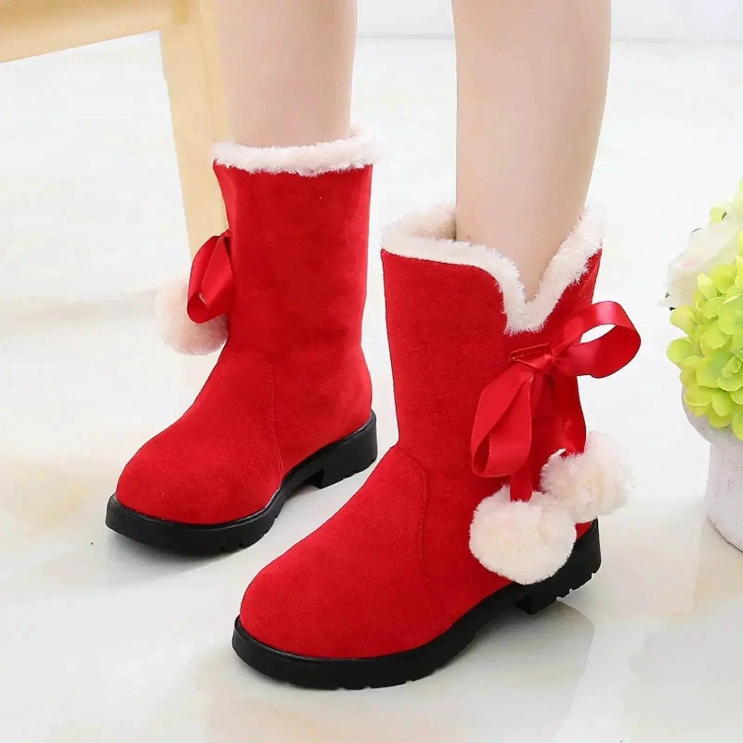 Stylish Plush Velvet Winter Boots for Girls - Warm Ankle Fashion Shoes in Pink, Red, and Black - ToylandEU™