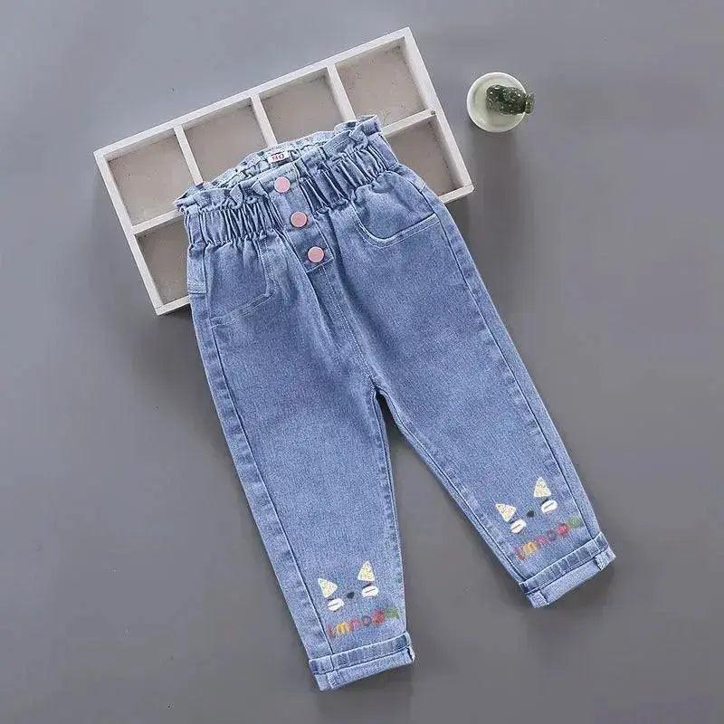 Girls Jeans For Kids Elastic Waist Denim With Pink Bow - ToylandEU™