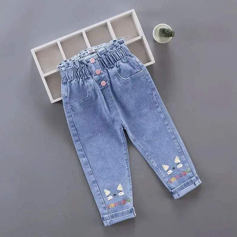 Girls Jeans For Kids Elastic Waist Denim With Pink Bow - ToylandEU™