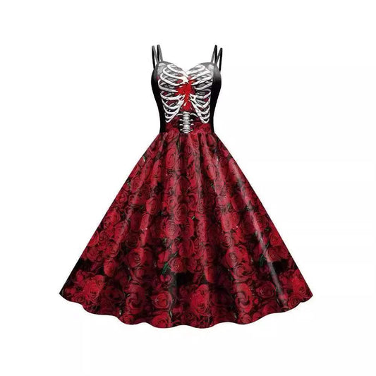 Gothic Dress Black Rose Skull Costume For Women Halloween - ToylandEU