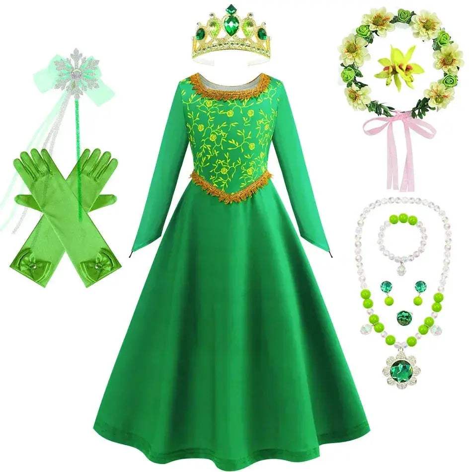 Green Princess Dress For Girls With Long Sleeve Halloween Costume - ToylandEU