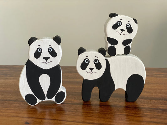 Handmade Wooden Panda Figurines Set Of 3 For Educational Play - ToylandEU