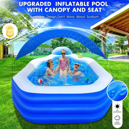 Inflatable Pool with Removable Canopy Large Inflatable Swimming Pool for Kids and Adults Blow Up Pool with Seats and Backrest Durable Thickened Material - ToylandEU