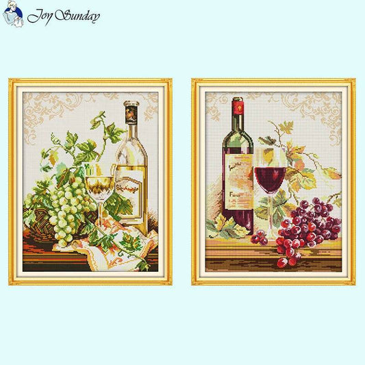 Joy Sunday Wine Bottle Themed Cross Stitch Kits - 14ct, 16ct, 11ct White Fabric DIY Embroidery Set for Home Decor - ToylandEU