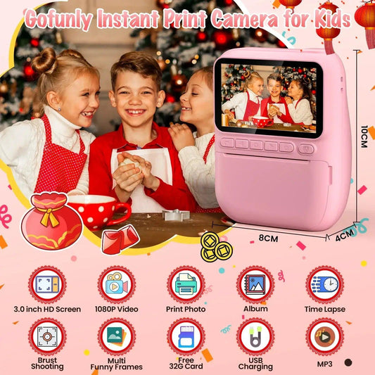 Kids Instant Print Digital Camera, 32MP HD 1080P, 3.0" Screen with 3 Rolls of Printer Paper for Ages 6-12 - ToylandEU™