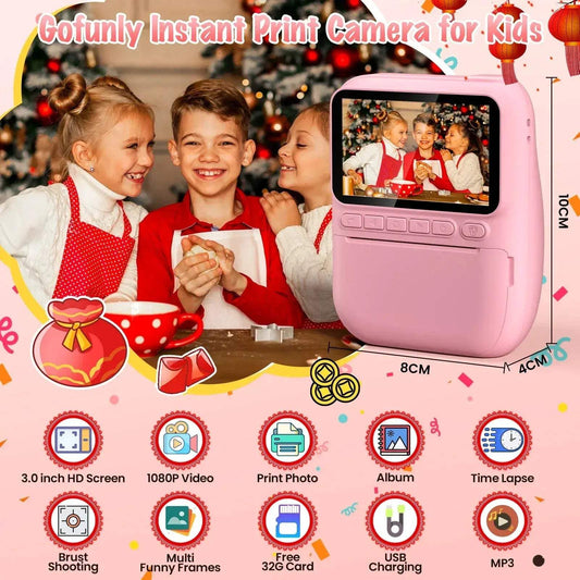 Kids Instant Print Digital Camera, 32MP HD 1080P, 3.0" Screen with 3 Rolls of Printer Paper for Ages 6-12 - ToylandEU™