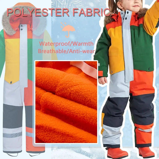 Kids Ski Suit One Piece Fur Hood Windproof Warm Winter - ToylandEU™