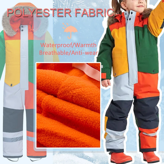 Kids Ski Suit One Piece Fur Hood Windproof Warm Winter - ToylandEU
