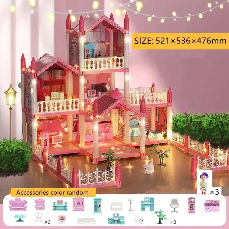 Large LED Dollhouse Castle With Dolls And Four Stories - ToylandEU