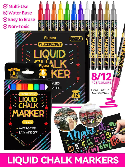 Liquid Chalk Markers 12 Colors Erasable 1mm Bold Tip - ToylandEU™