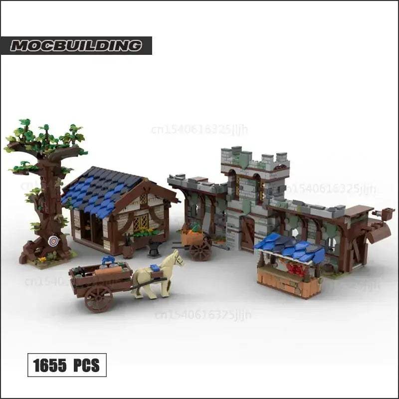 Medieval Town Building Blocks Set With Watermill Display Model - ToylandEU