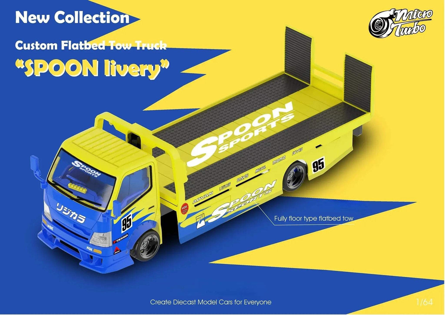MicroTurbo HINO 300 Custom Flatbed Tow Truck Spoon Livery 1:64 - ToylandEU