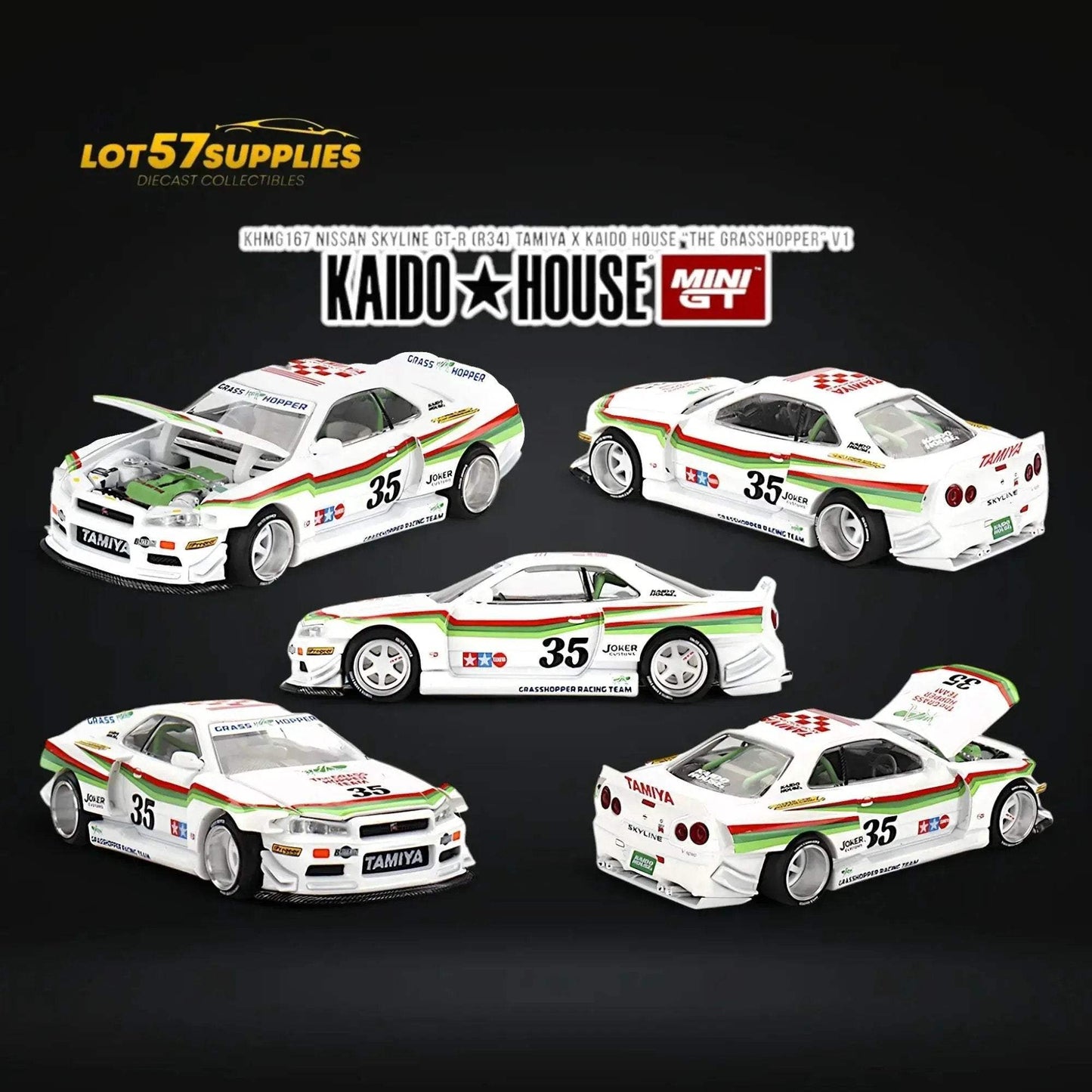 Mini GT x Kaido House Skyline GT-R R34 TAMIYA X KH "THE GRASSHOPPER" V1 1:64 KHMG167 - ToylandEU