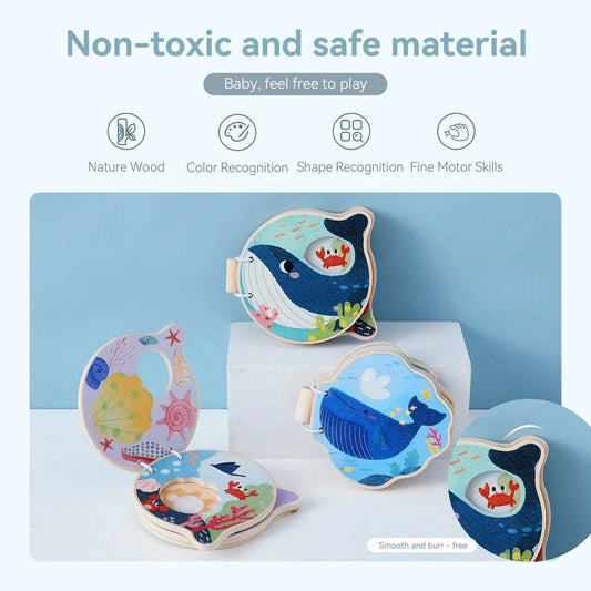 Montessori Baby Wooden Book Early Educational Toys Enlightenment Readings Marine Animals Illustration Cognitive Book for Toddler - ToylandEU