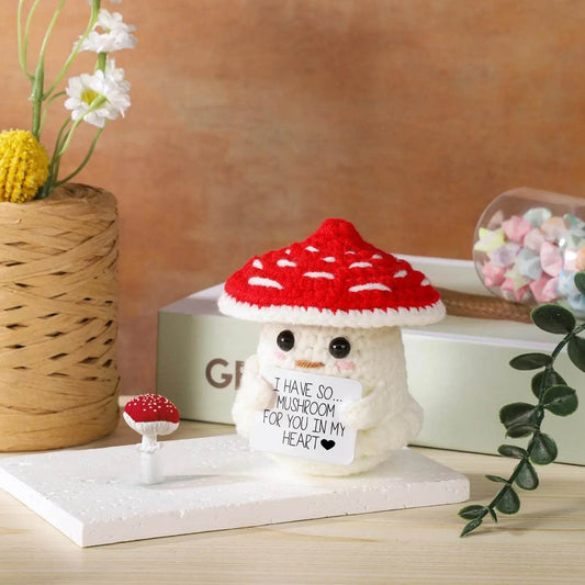 New Positive Crochet Mushroom Doll With Heart Handmade Knitted Emotional Support Home Room Decor Desktop Ornament Gift - ToylandEU