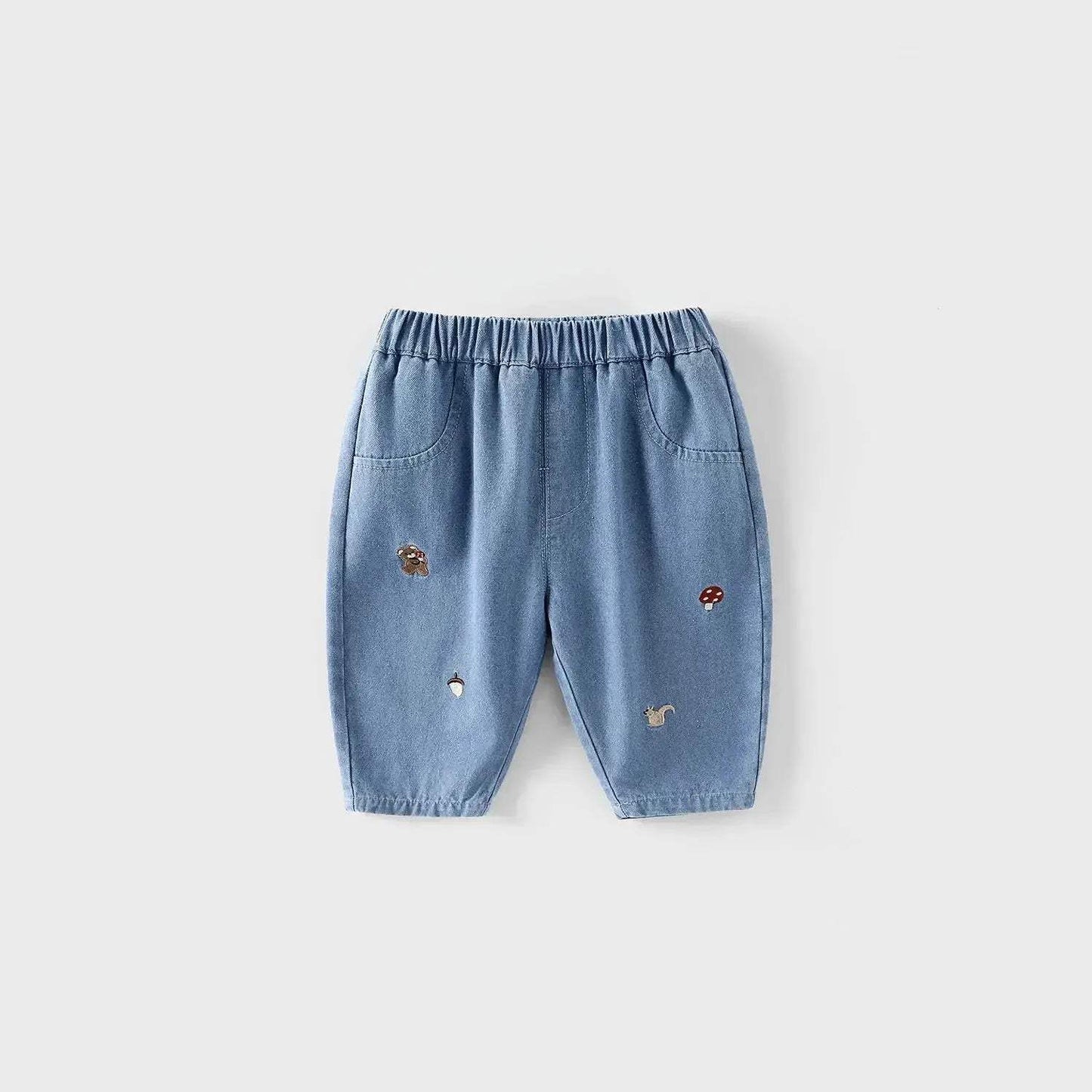 New Toddler Pants Cartoon Embroidered Harem Elastic Waist Boy Casual Striped Denim - ToylandEU