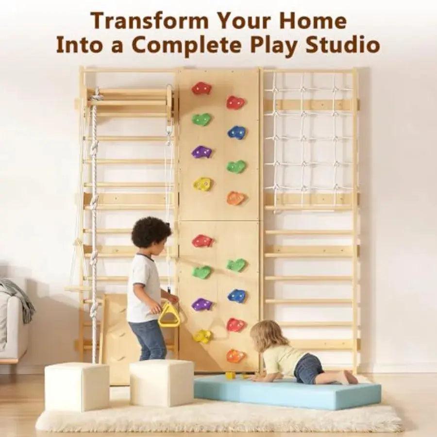 Nine-In-One Wooden Wall-Mounted Climbing Set Indoors - ToylandEU™