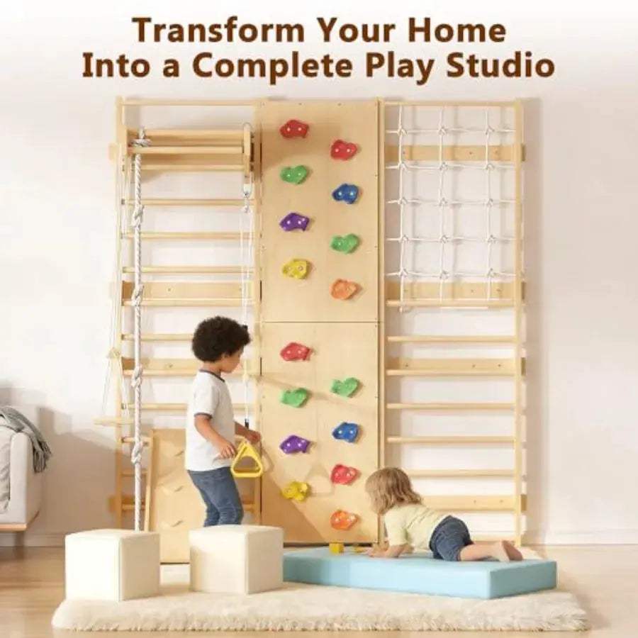 Nine-In-One Wooden Wall-Mounted Climbing Set Indoors - ToylandEU™