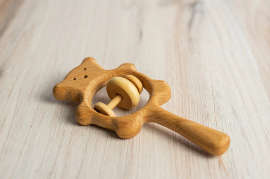 Handcrafted Organic Wooden Bear Rattle Toy With Linseed Finish - ToylandEU