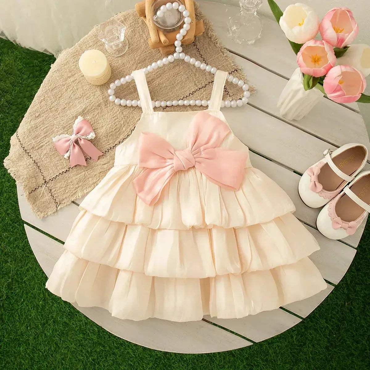 Pink Baby Girl Dress With Bow Suspender For Party Wedding - ToylandEU