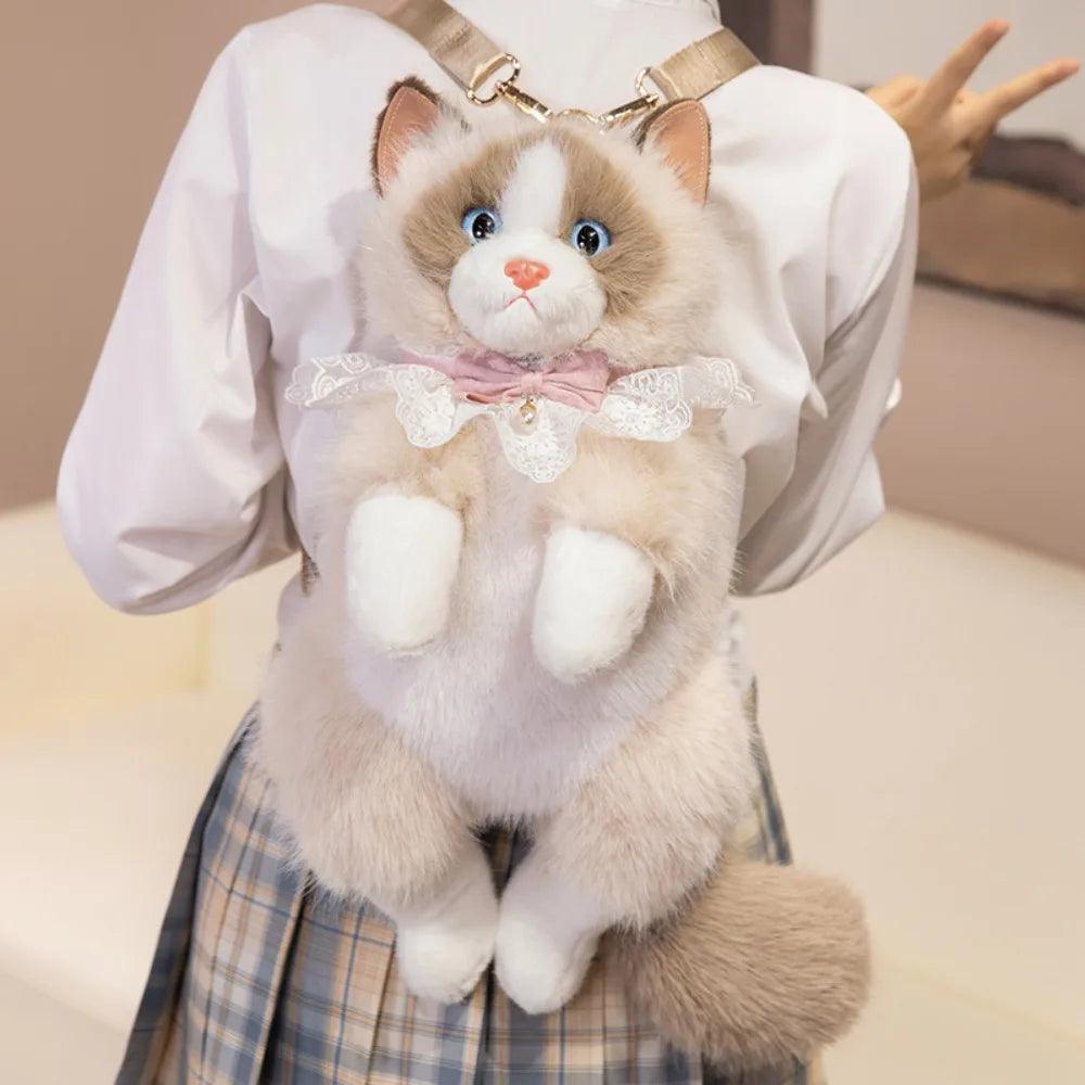 Plush Cat Backpack Realistic Puppet Style Travel Ready