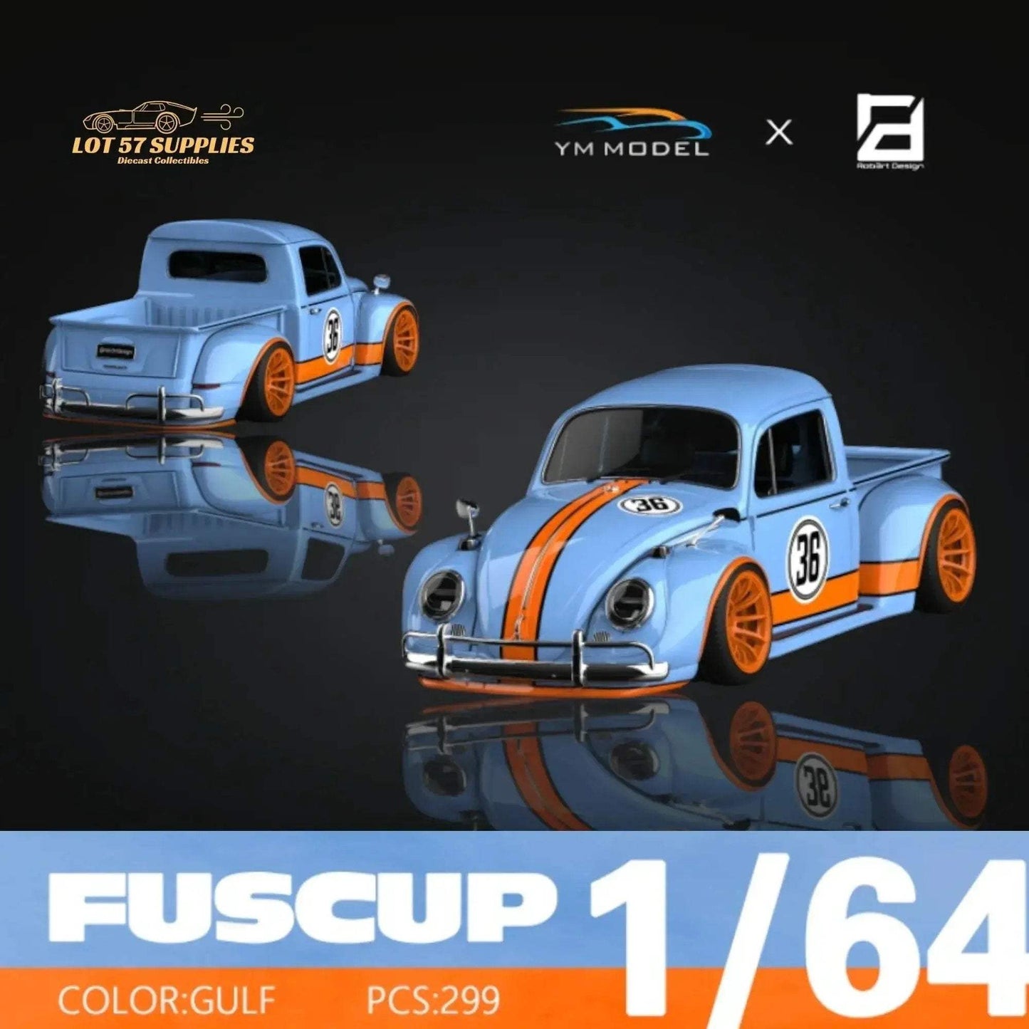 (Pre-Order) YM Model X Robert Design Volkswagen Beetle Pickup Truck FUSCUP in Gulf Livery 1:64 Limited to 299 Pcs - ToylandEU