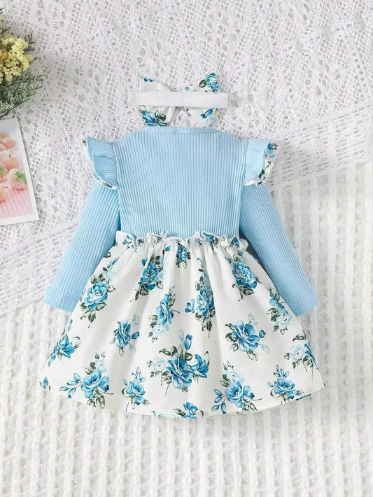 Premium Baby Dress Set With Floral Print Long Sleeves And Big Bow Headband For Girls 0 To 1 Year - ToylandEU