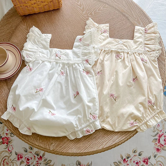 Premium Cotton Newborn Jumpsuit With Flower Embroidery Flying Sleeve Korean Style Summer Baby Girls Outfit 0 To 1 Year - ToylandEU