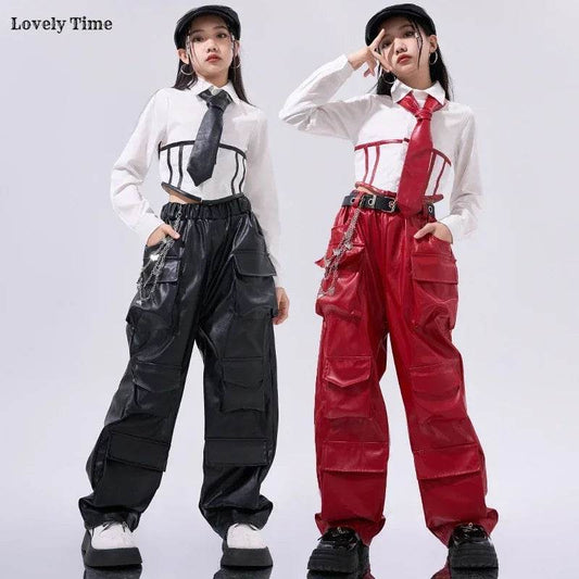 Premium Hip Hop Crop Top PU Leather Cargo Pants Girls - ToylandEU
