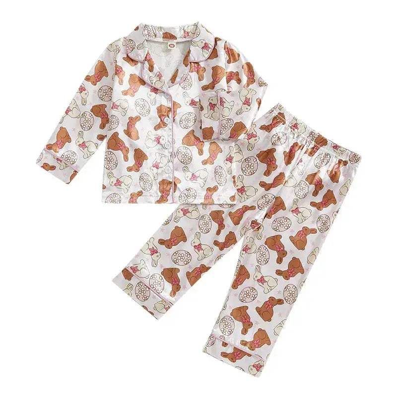 Premium Satin Pajama Set For Toddler Girls Easter Bunny And Carrot Print Long Sleeve Button Up Top And Pants 2 Piece - ToylandEU