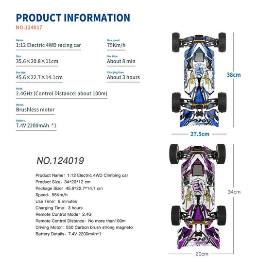 RC 1/12 Scale High-Speed RC Drift Car - 75KM/H Brushless 4WD Vehicle with 2.4G Remote Control - ToylandEU
