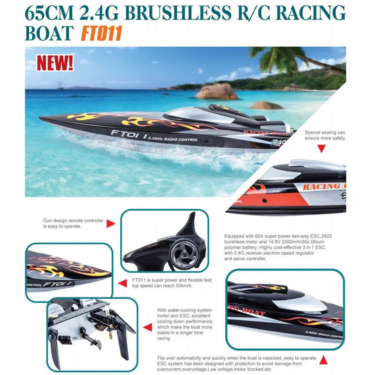 RC High-Speed 50km/h 65CM FT011 Brushless RC Racing Boat with Water Cooling - Ready-to-Run 2.4GHz Gift for Kids - ToylandEU