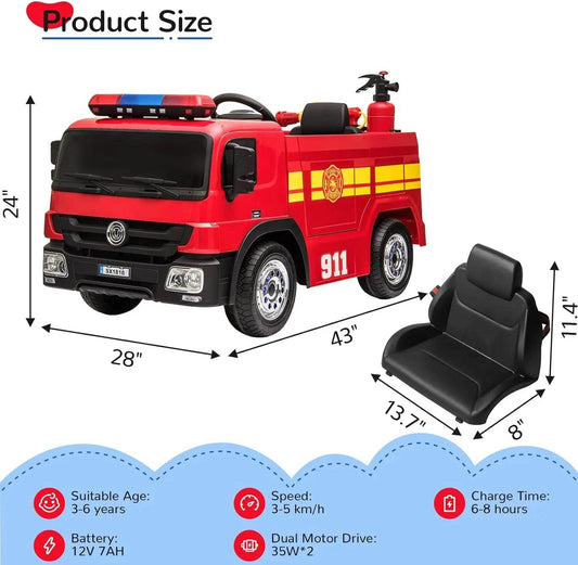 RC Remote Control Kids 12V Electric Fire Truck Ride-On Car for Ages 3-12 - ToylandEU
