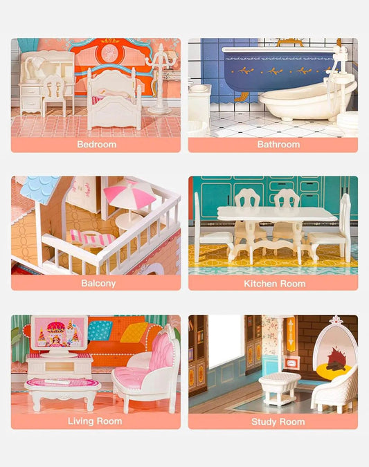 Robotime Robud Lady Wooden Dollhouse 3 Story with Balcony 3D Puzzle - ToylandEU