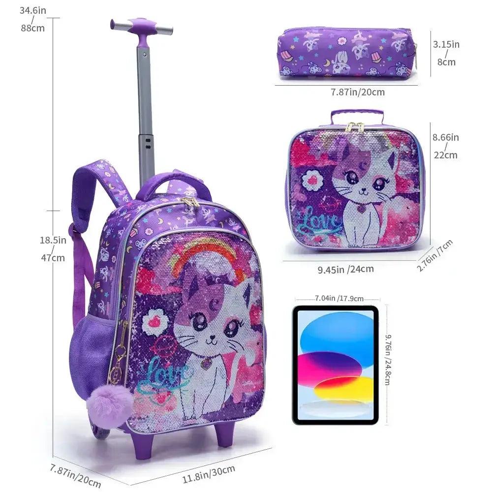 Rolling Backpack For Girls Sequin Cat Design - ToylandEU™