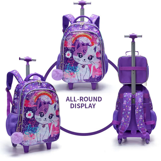 Rolling Backpack For Girls With Cute Sequin Cat Design - ToylandEU