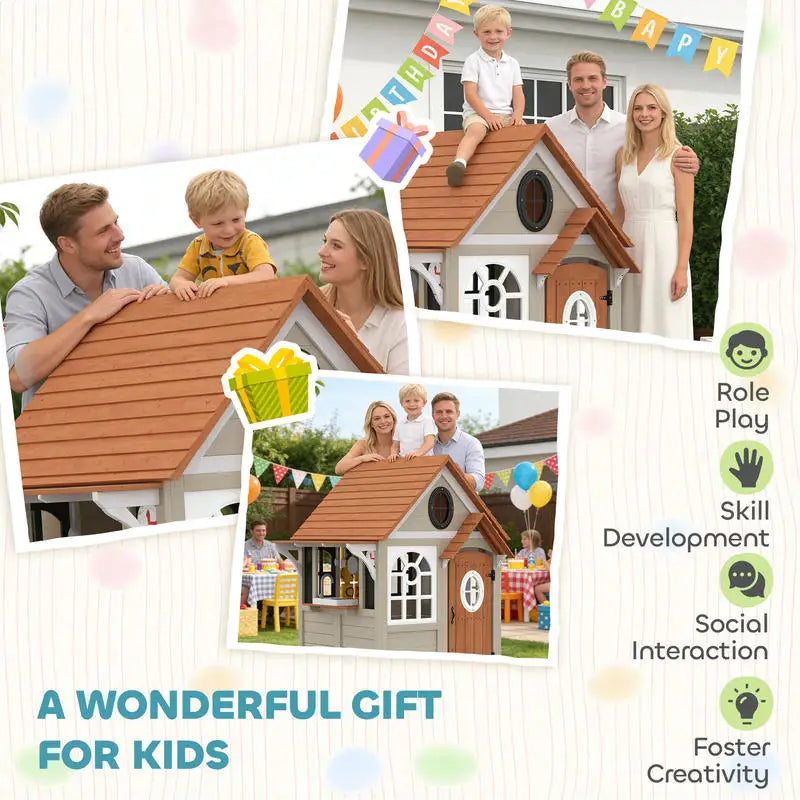 Wooden Outdoor Playhouse For Kids With Dog Door Kitchen
