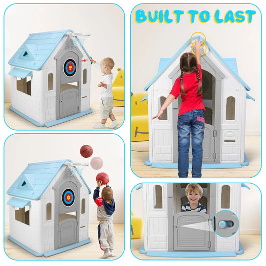 Indoor Outdoor Playset With Durable Plastic Playhouse And Basketball Hoop