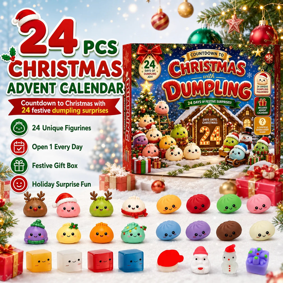 Advent Calendar | 2026 24 Day Dumpling Squishies | Mystery Box Slow Rising Toys | Sensory Fidget Holiday Gift