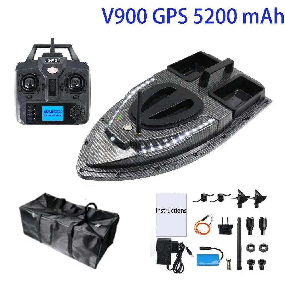 RC V900 GPS Remote Control Bait Boat with 40 Fishing Points, 500M Range, 2 Hoppers, and 1.5KG Weight - Ideal for Night Fishing - ToylandEU