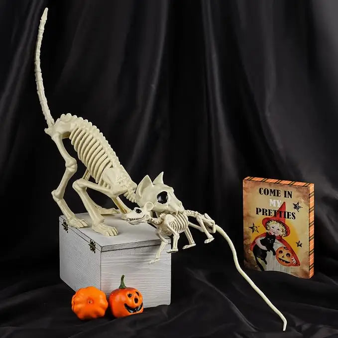 Skeleton Cat Mouse Figures | Solid Resin | Movable Joints | 14 Inch Set