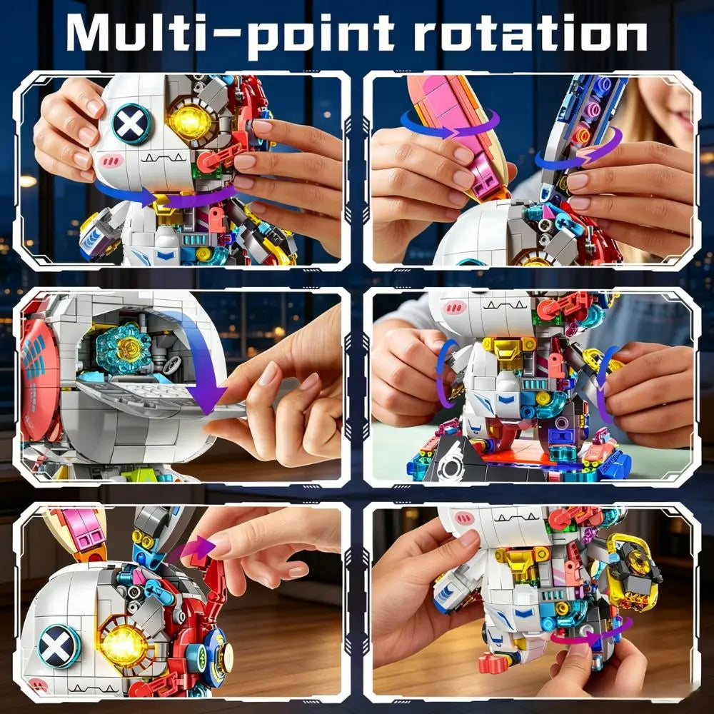 Robot Rabbit Building Blocks | 1377 Piece Led Light Up | Rotatable Base | Desk Decor