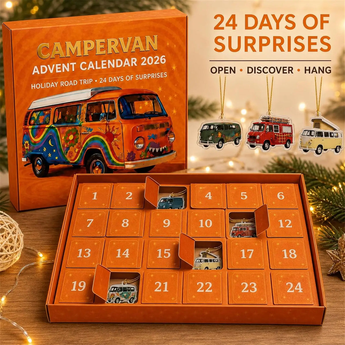 Advent Calendar | 24 Retro Campervan Ornaments | Unique Acrylic Road Trip Designs | Desktop Display Gift