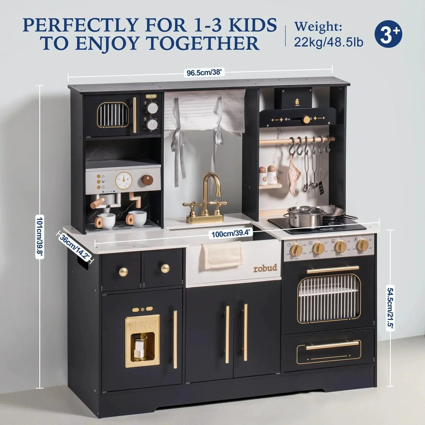 Robotime Robud Play Kitchen Wooden with Wash basin Cookware Accessories Microwave Toy Kitchen Gift for Boys Girls 3+ Black White - ToylandEU