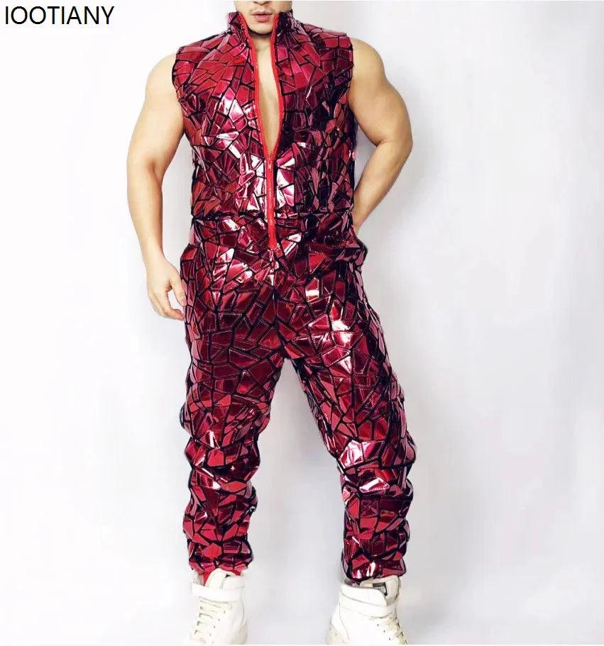 Men's Laser Mirror Sleeveless Jumpsuit | Sequin Bodysuit | Hip Hop Dancer Costume