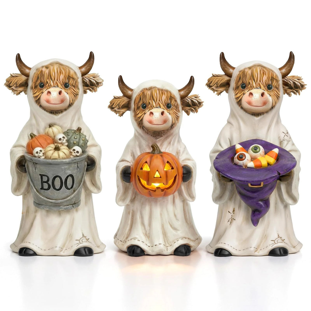 Halloween Highland Cow Statue | Solid Wood | Ghost Mummy Design | Shelf Decor