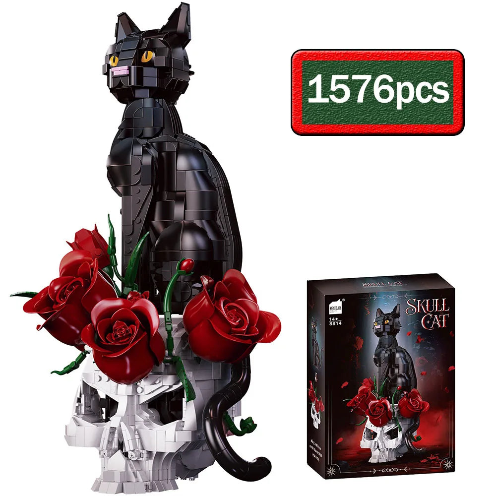Building Blocks | 1576 Pieces | Black Rose Skull Cat | Desktop Model Kit