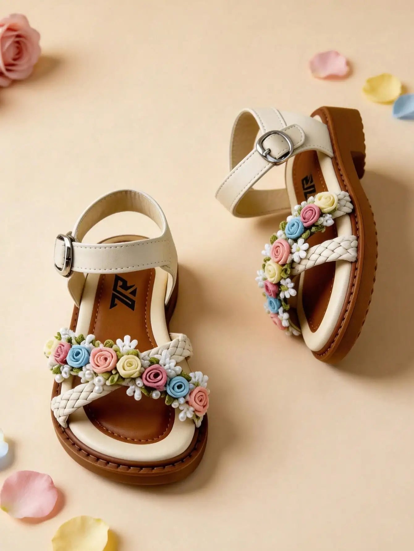 Girls Floral Sandals | Braided Princess Style | Pearl Decor Pink/Blue | Ages 7-13