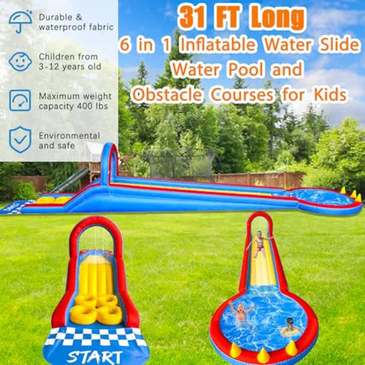 Inflatable Water Slide Park 31Ft Backyard Obstacle Course
