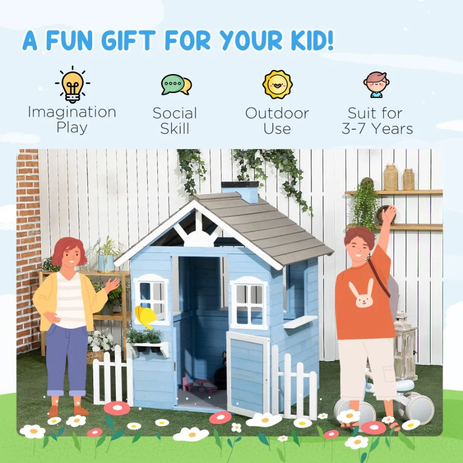 Wooden Outdoor Playhouse For Kids With Flower Pot Holders Blue